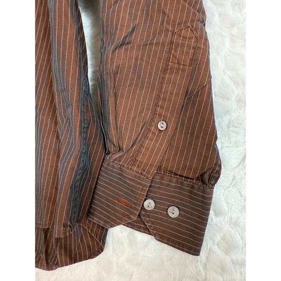 Bugatchi Brown Stripe Blue Iridescent Chameleon Color-Shift Button Down Shirt L - Picture 7 of 12